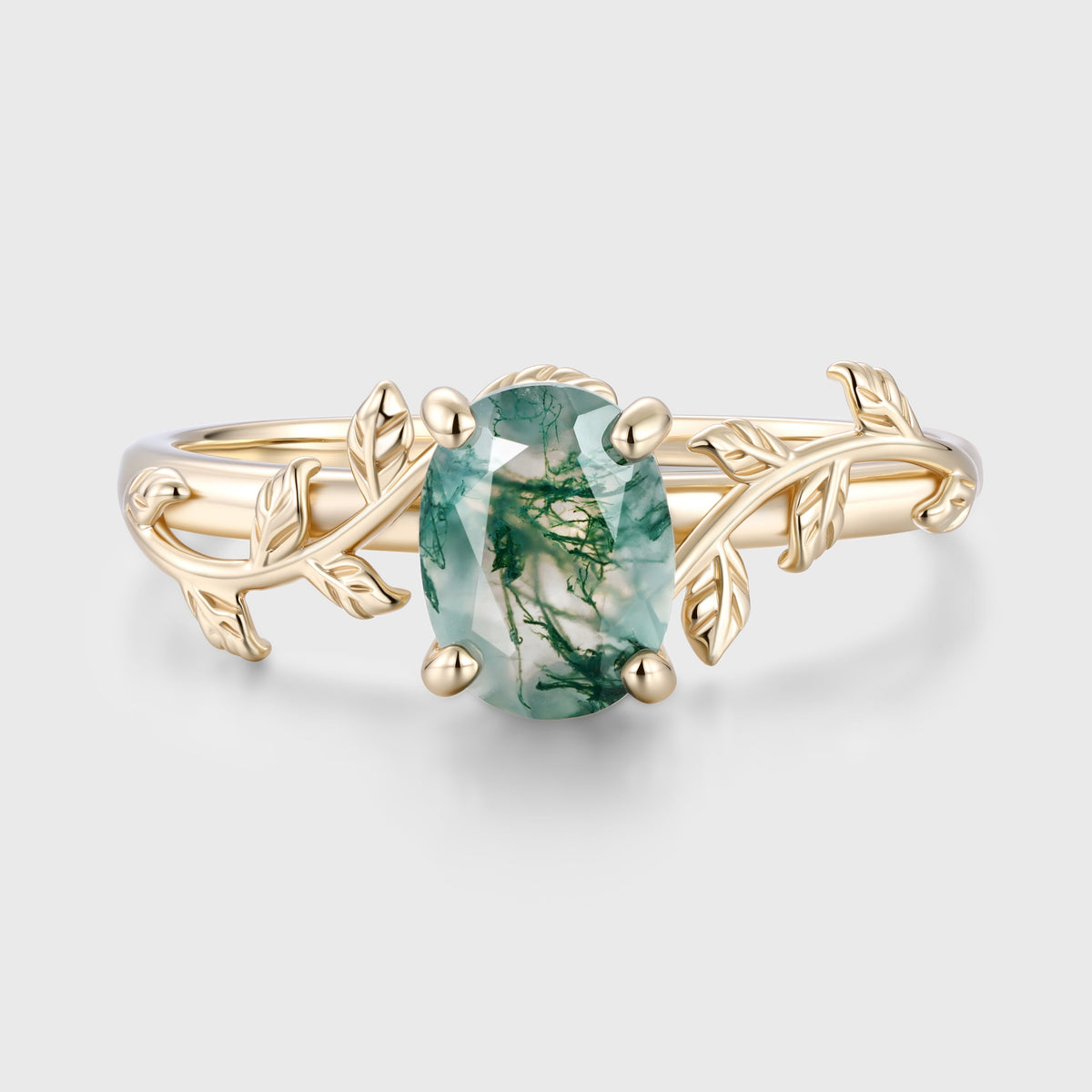 Oval Cut Natural Green Moss Agate Cluster Engagement Ring
