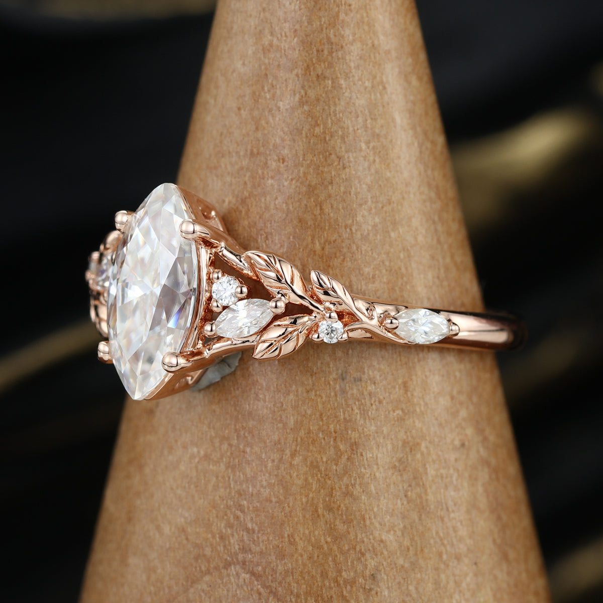 Nature Inspired Marquise cut Moissanite Leaf Gold Engagement Ring