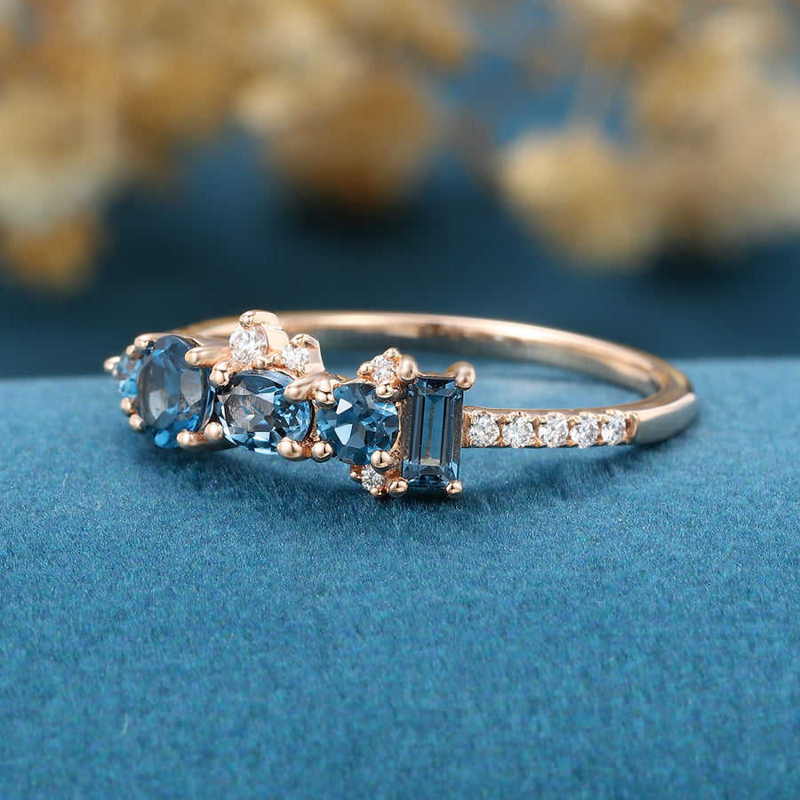 London Blue Topaz Matching Moissanite | Diamond Half Eternity Wedding Band