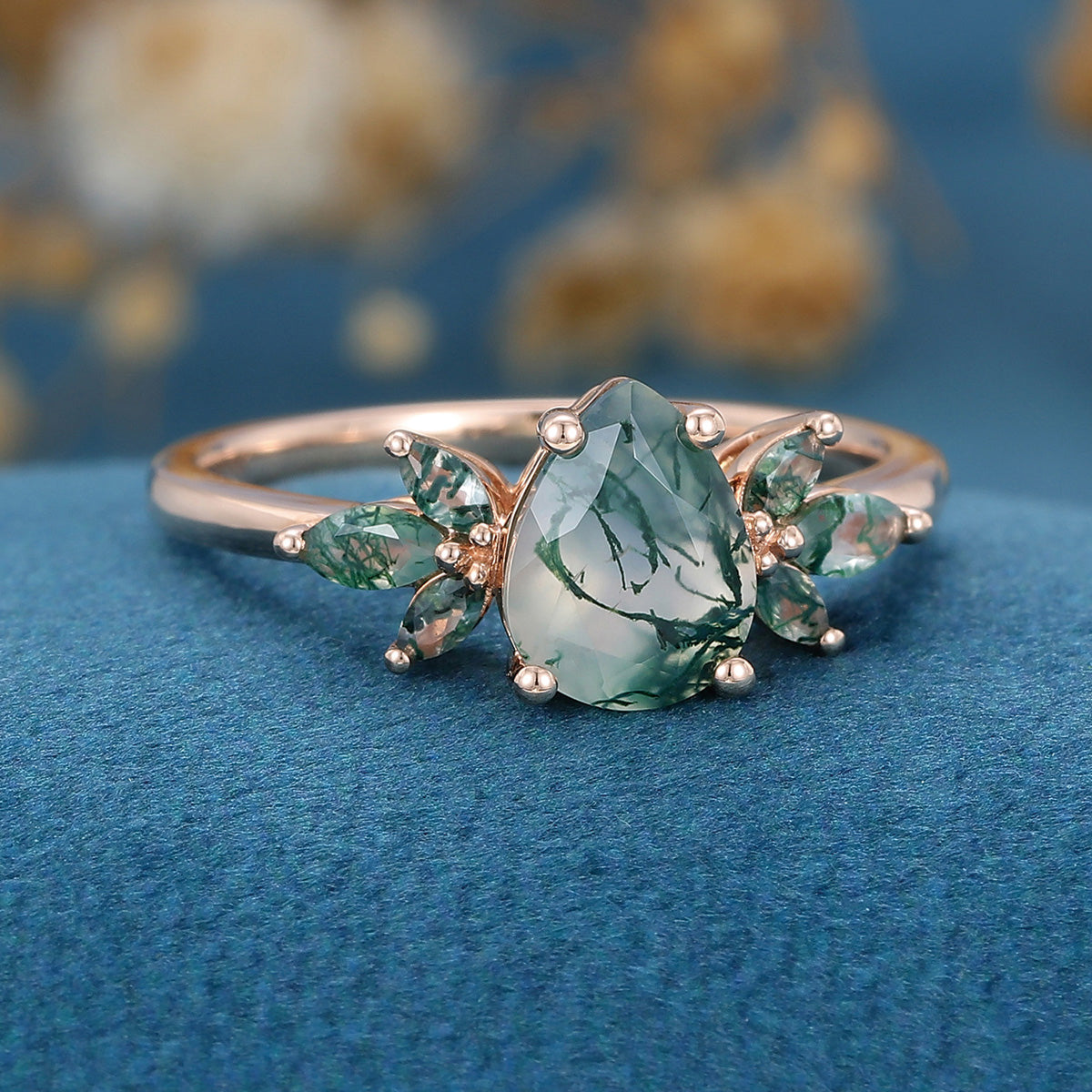 Natural Green Moss Agate pear cut cluster Engagement Ring 