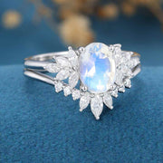 Oval cut Moonstone | Moissanite Cluster Engagement Bridal Set