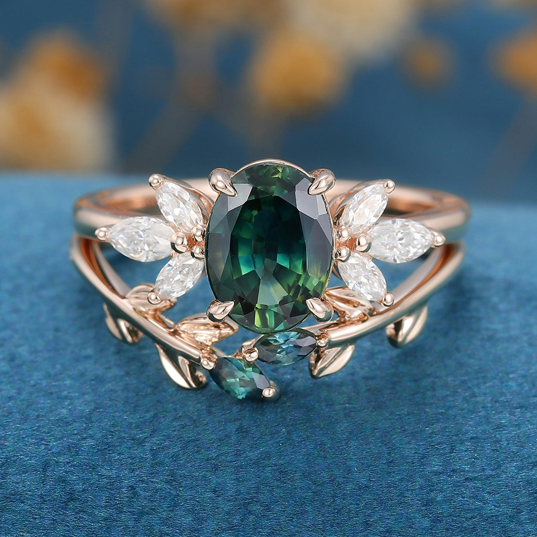 Oval cut Blue-Green Sapphire Engagement ring Bridal Set