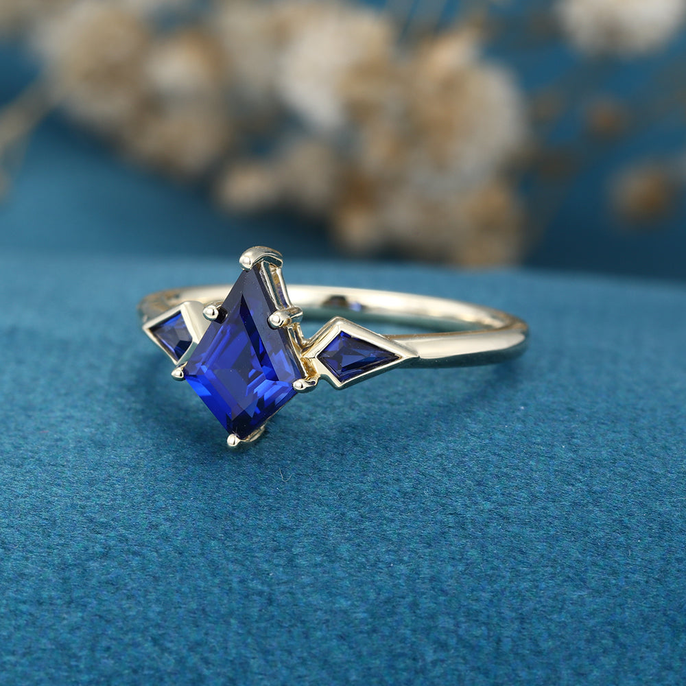Kite Cut Lab Sapphire Yellow Gold Engagement Ring