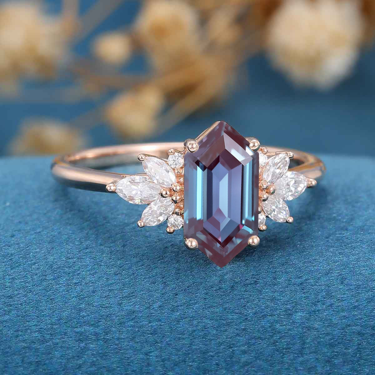 Long Hexagon cut Alexandrite | Diamond Engagement ring 