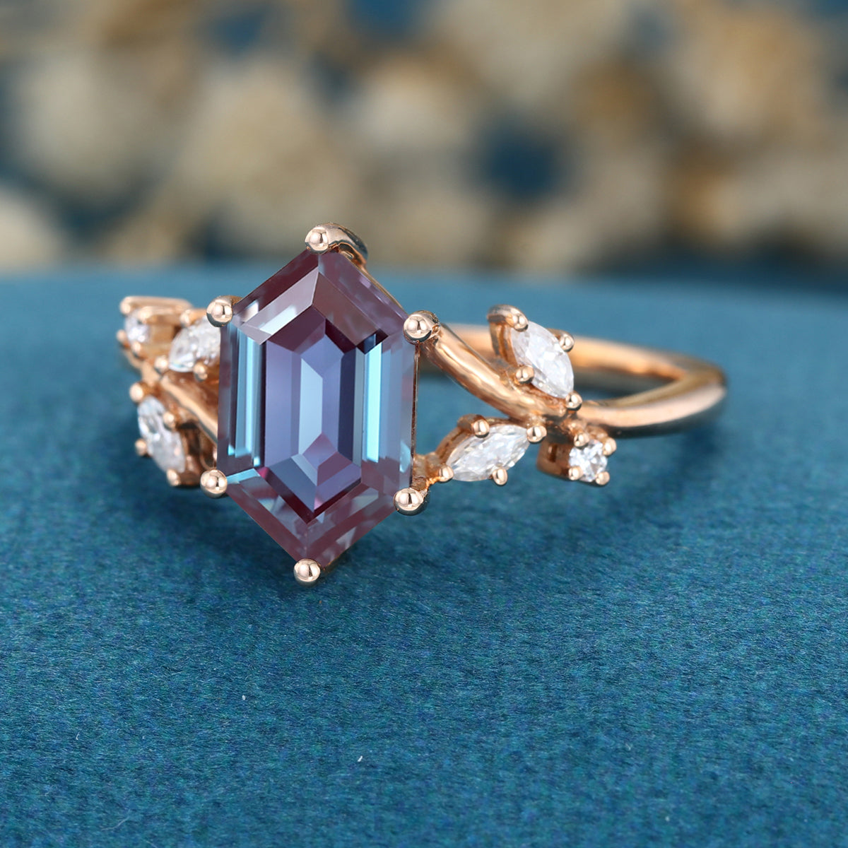 Hexagon cut Lab Alexandrite Solid Gold Engagement Ring