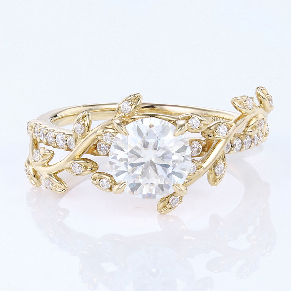 Nature Inspired Round cut Moissanite Leaf Gold Engagement Ring