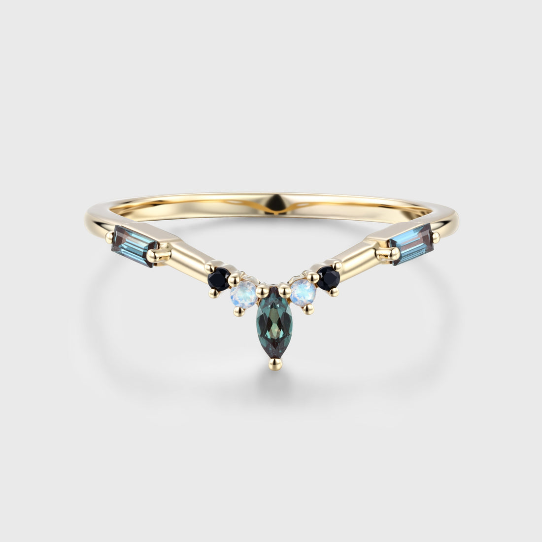 Lab Alexandrite+Moonstone Curved Wedding Band Matching Engagement ring