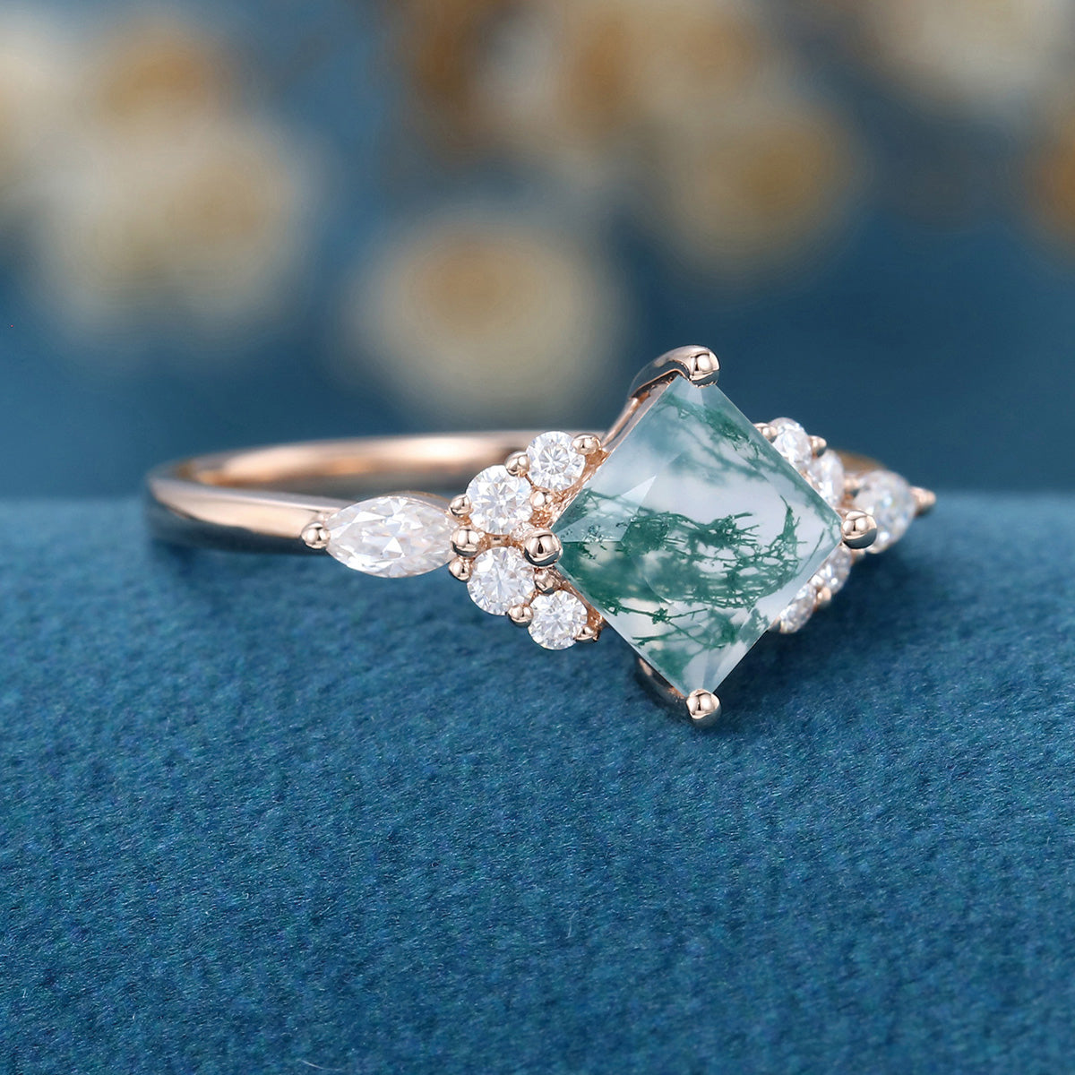 Natural Green Moss Agate Princess cut cluster Engagement Ring 