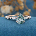 Natural Green Moss Agate pear cut cluster Engagement Ring 