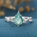 Kite Cut Natural Green Moss Agate Cluster Engagement Ring