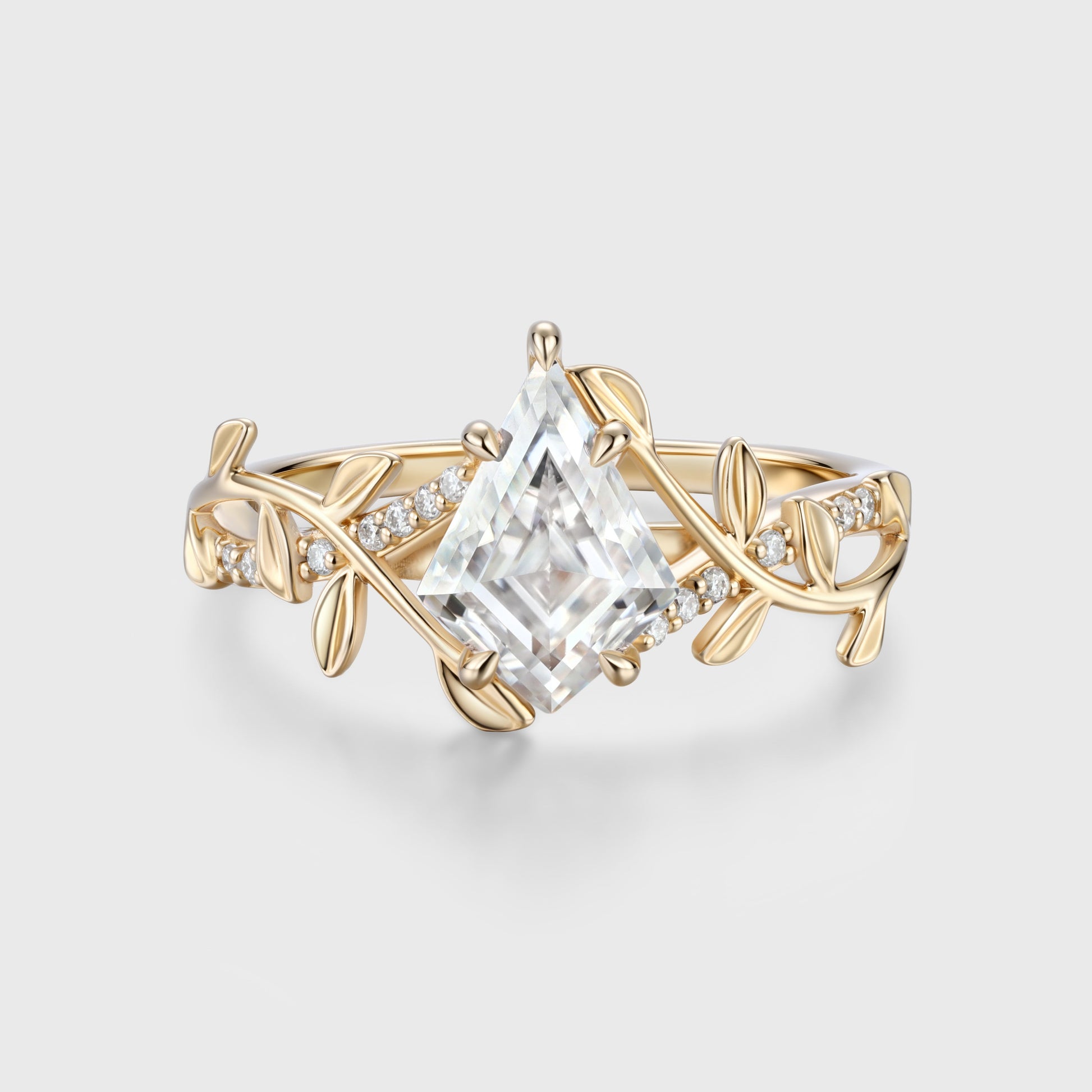 Nature Inspired Kite cut Moissanite Leaf Gold Engagement Ring
