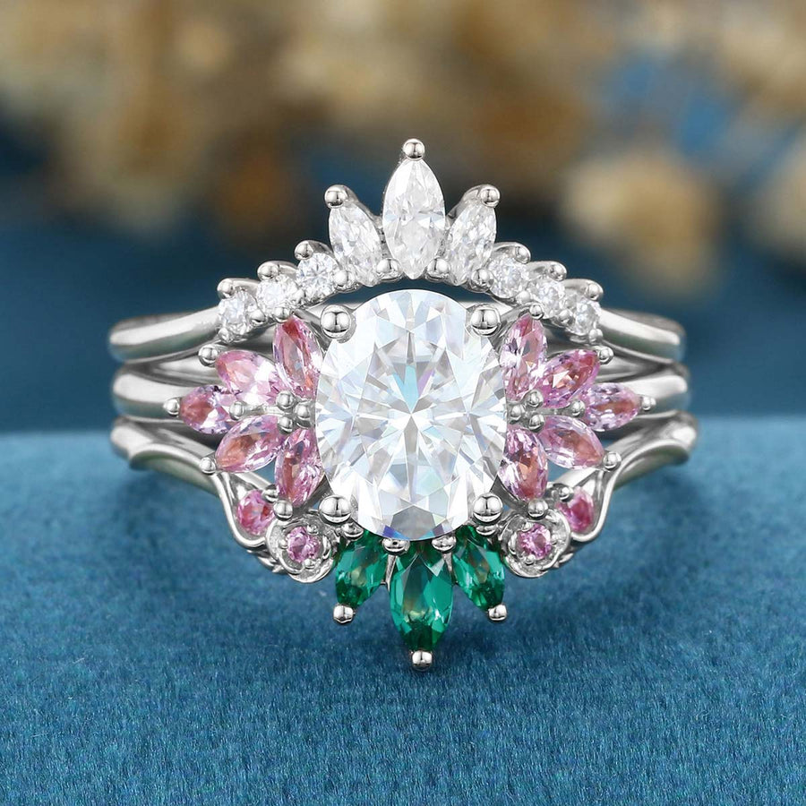 Oval cut Moissanite Matching Diamonds | Lab Grown Emerald |  Natural Pink Sapphires  Rose Gold Wedding Bridal Set