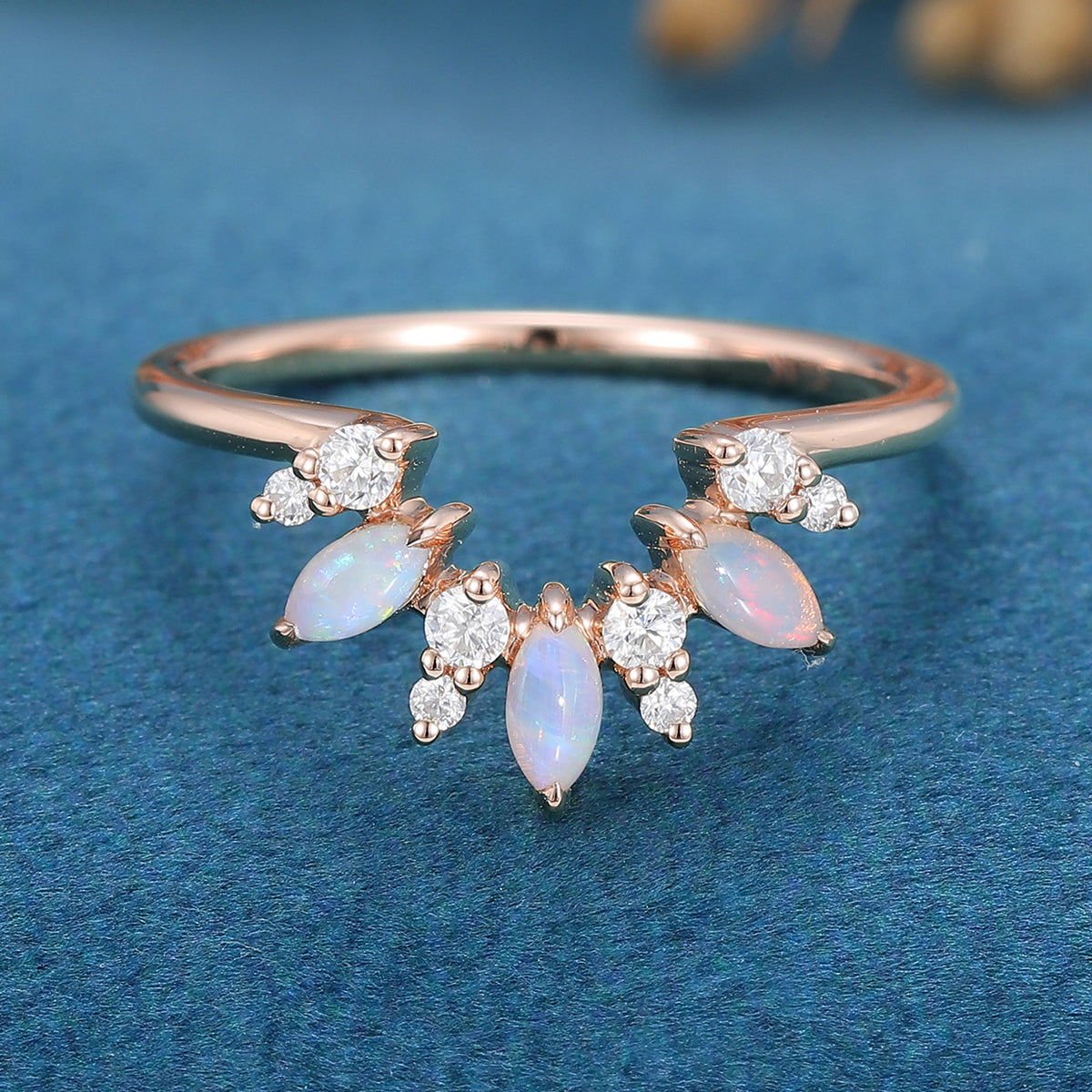 Marquise cut Opal |  Diamond Curved Wedding Band Ring