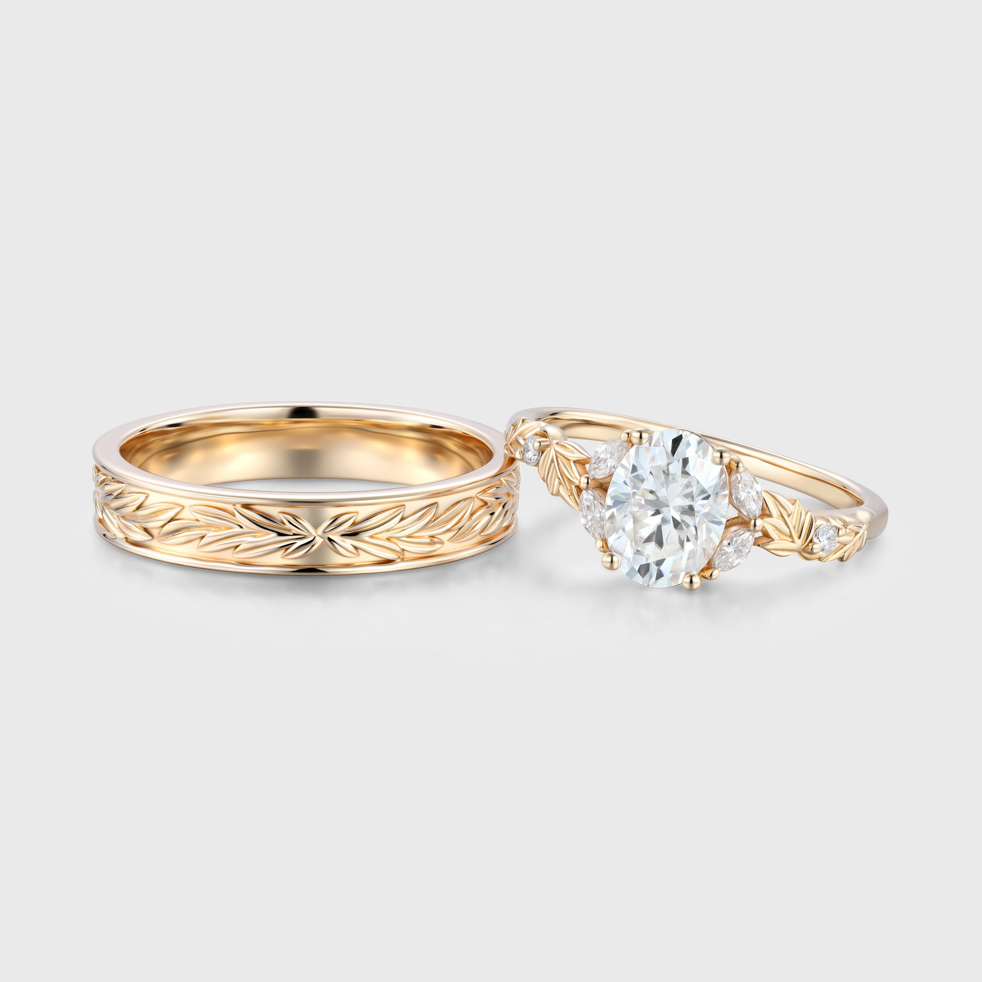 Nature Inspired Moissanite Couple Rings | D Color VVS1 | Rose Gold Leaf Wedding Bridal Set