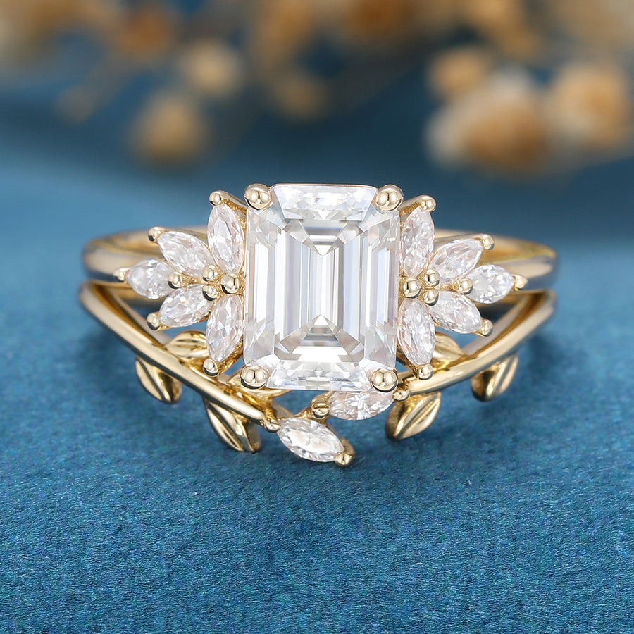 2PCS Emerald Cut Moissanite Cluster Engagement ring Bridal Set