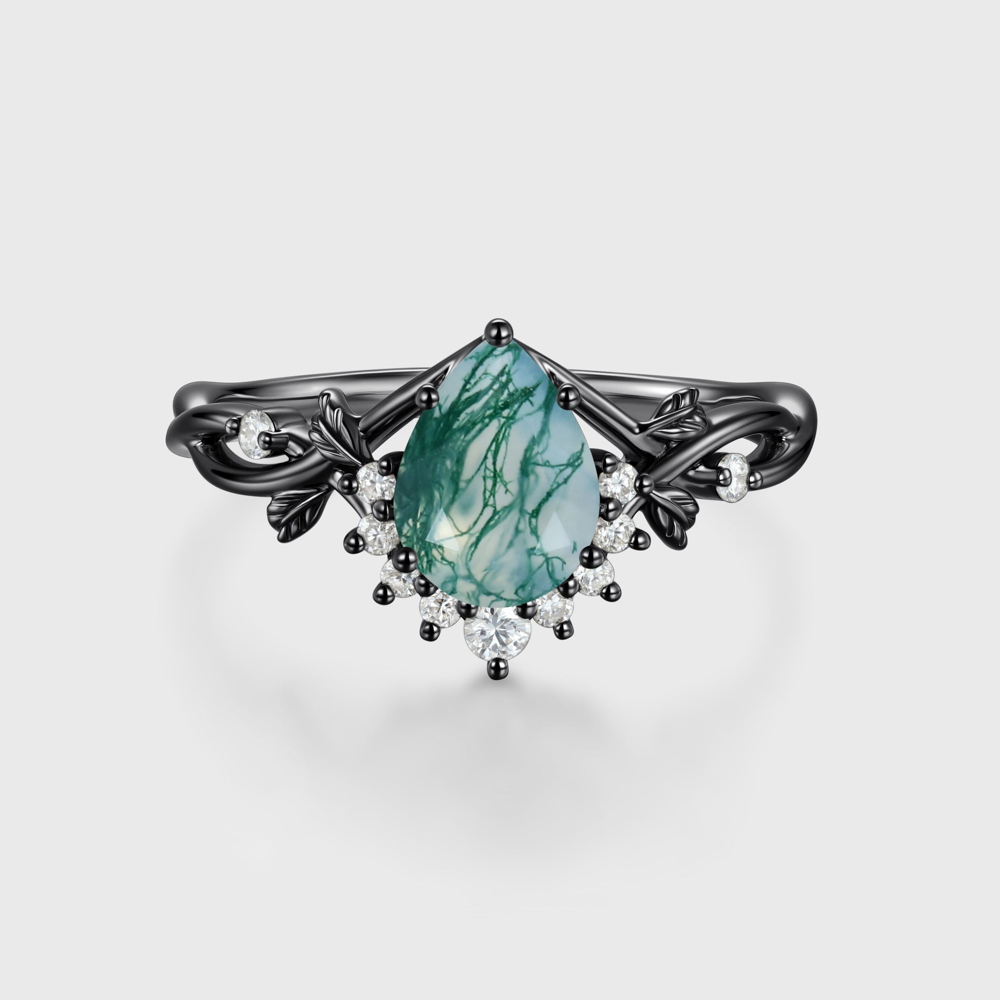 Nature Inspired Pear cut Moss Agate Leaf Gold Engagement Ring
