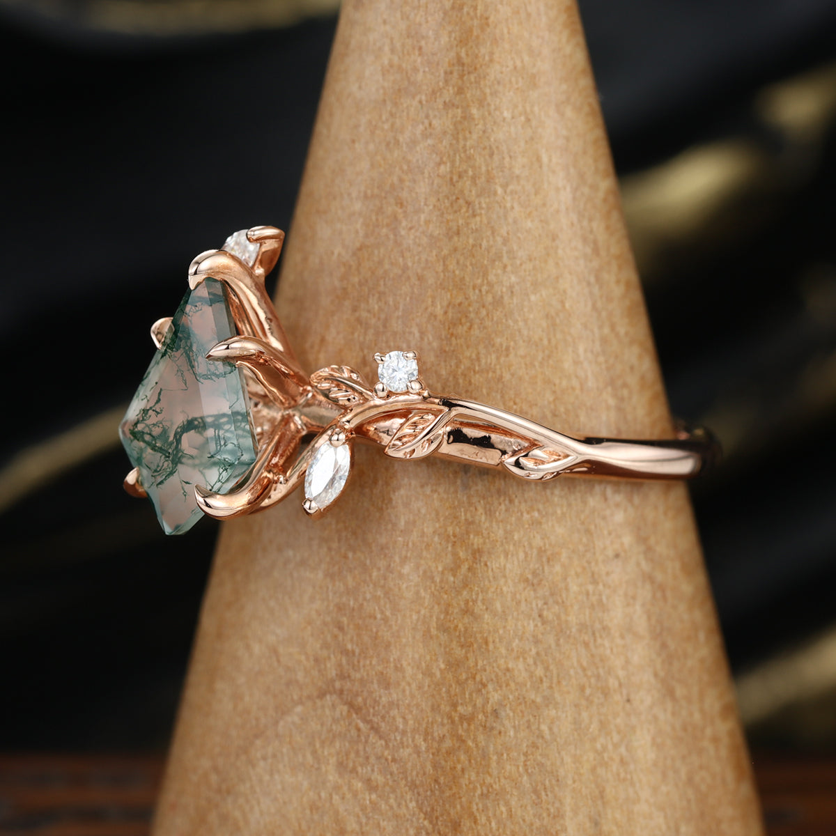 Nature Inspired Kite cut Moss Agate Leaf Gold Engagement Ring