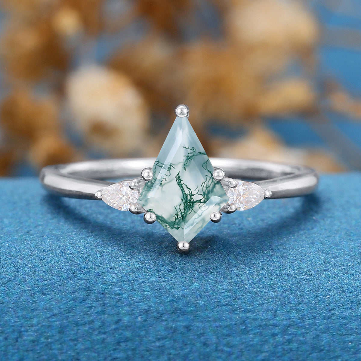 Kite Cut Natural Green Moss Agate Cluster Engagement Ring