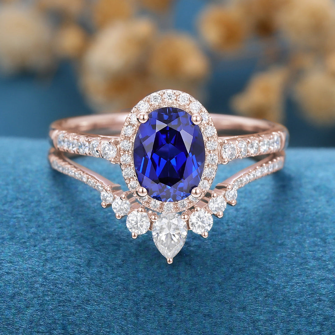 Oval Sapphire Halo | Half Eternity Engagement ring Bridal Set