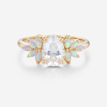 Pear cut Moissanite Cluster Opal Engagement ring