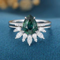 Pear Blue Green Sapphire Halo Engagement Ring Bridal Set