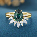 Pear Blue Green Sapphire Halo Engagement Ring Bridal Set