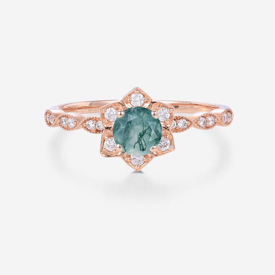 Round Cut Natural Green Moss Agate Flower Engagement Ring