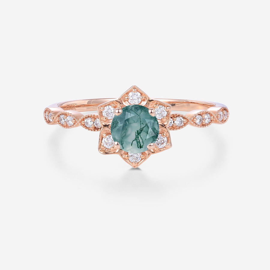 Round Cut Natural Green Moss Agate Flower Engagement Ring