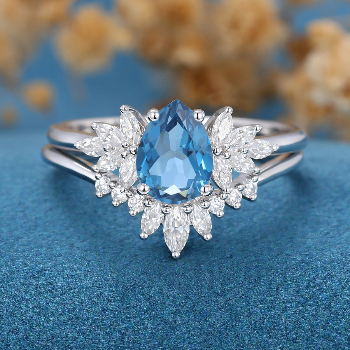 Pear cut London Blue Topaz Cluster Engagement ring Bridal Set