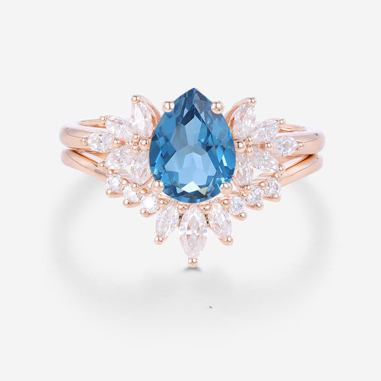 Pear cut London Blue Topaz Cluster Engagement ring Bridal Set