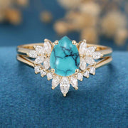 Pear cut Turquoise Cluster Engagement ring Bridal Set