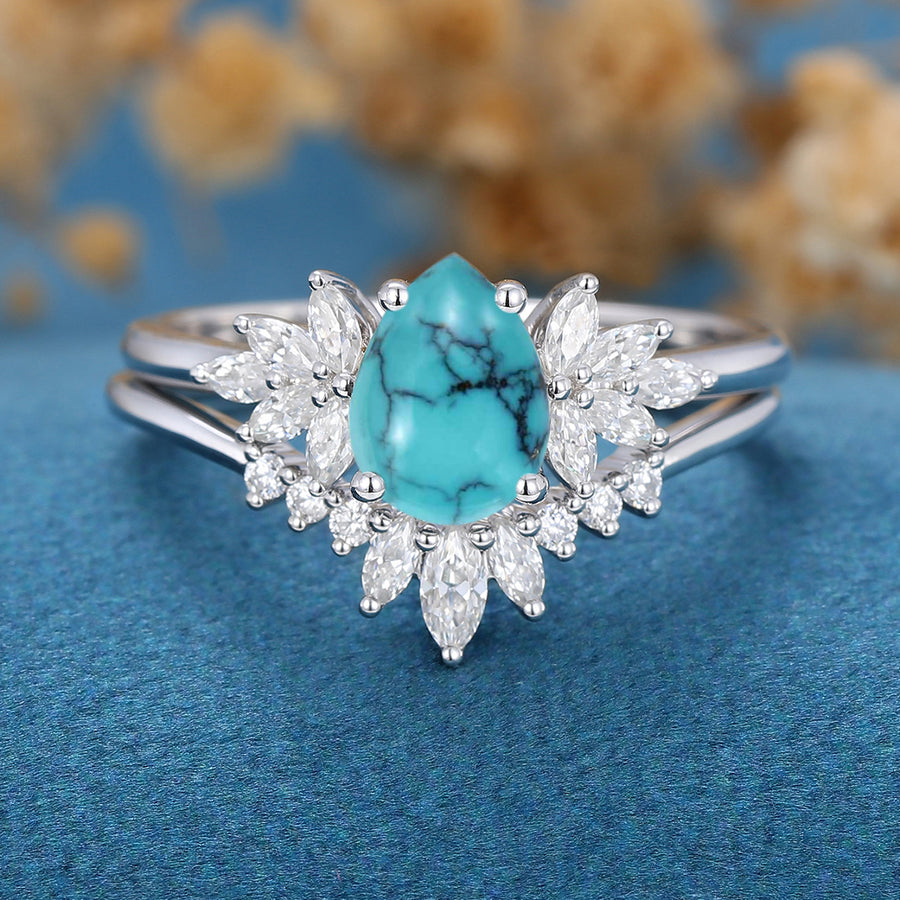 Pear cut Turquoise Cluster Engagement ring Bridal Set
