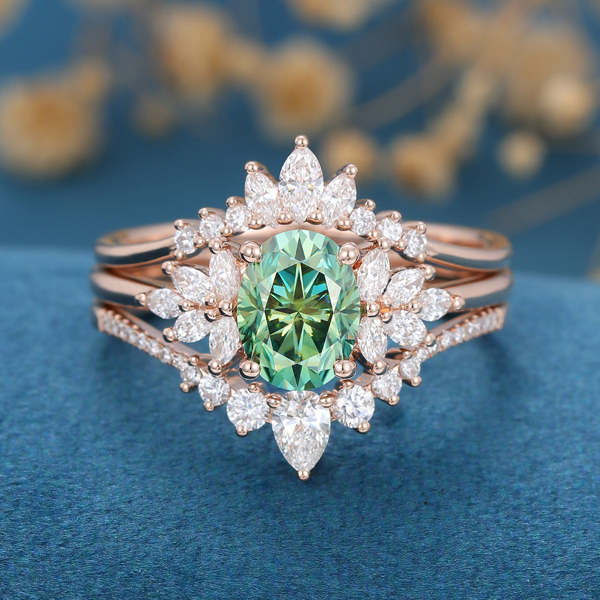 3PCS 1.5 Carat Oval cut Green Moissanite Cluster Engagement Bridal Set