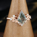 Nature Inspired Kite cut Moss Agate Leaf Gold Engagement Ring