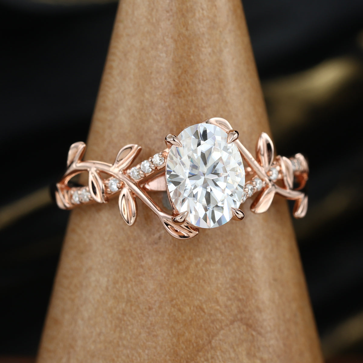 Nature Inspired Oval cut Moissanite Leaf Gold Engagement Ring
