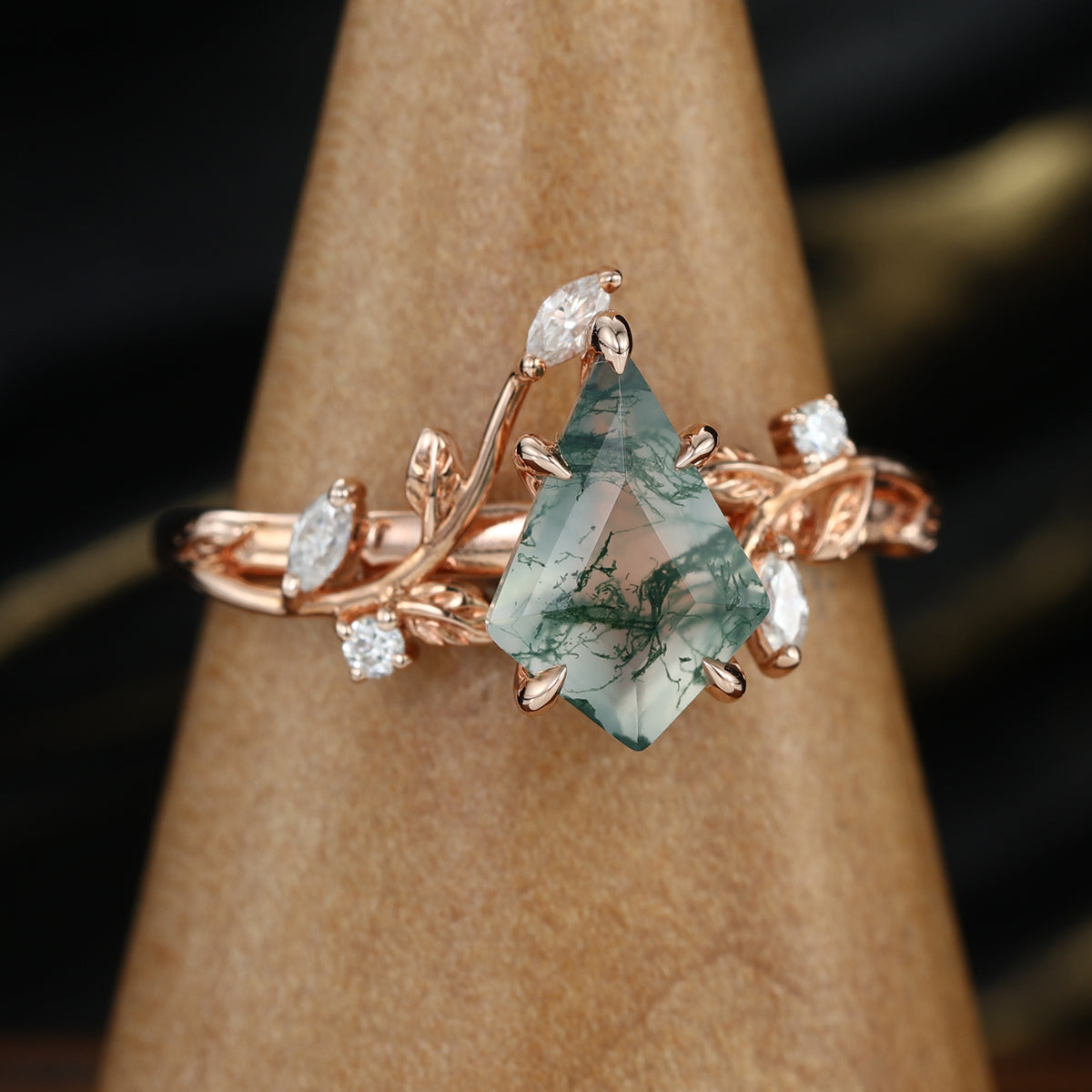 Nature Inspired Kite cut Moss Agate Leaf Gold Engagement Ring
