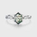 Long Hexagon cut Moss Agate Damonds Leaf Gold Engagement Ring