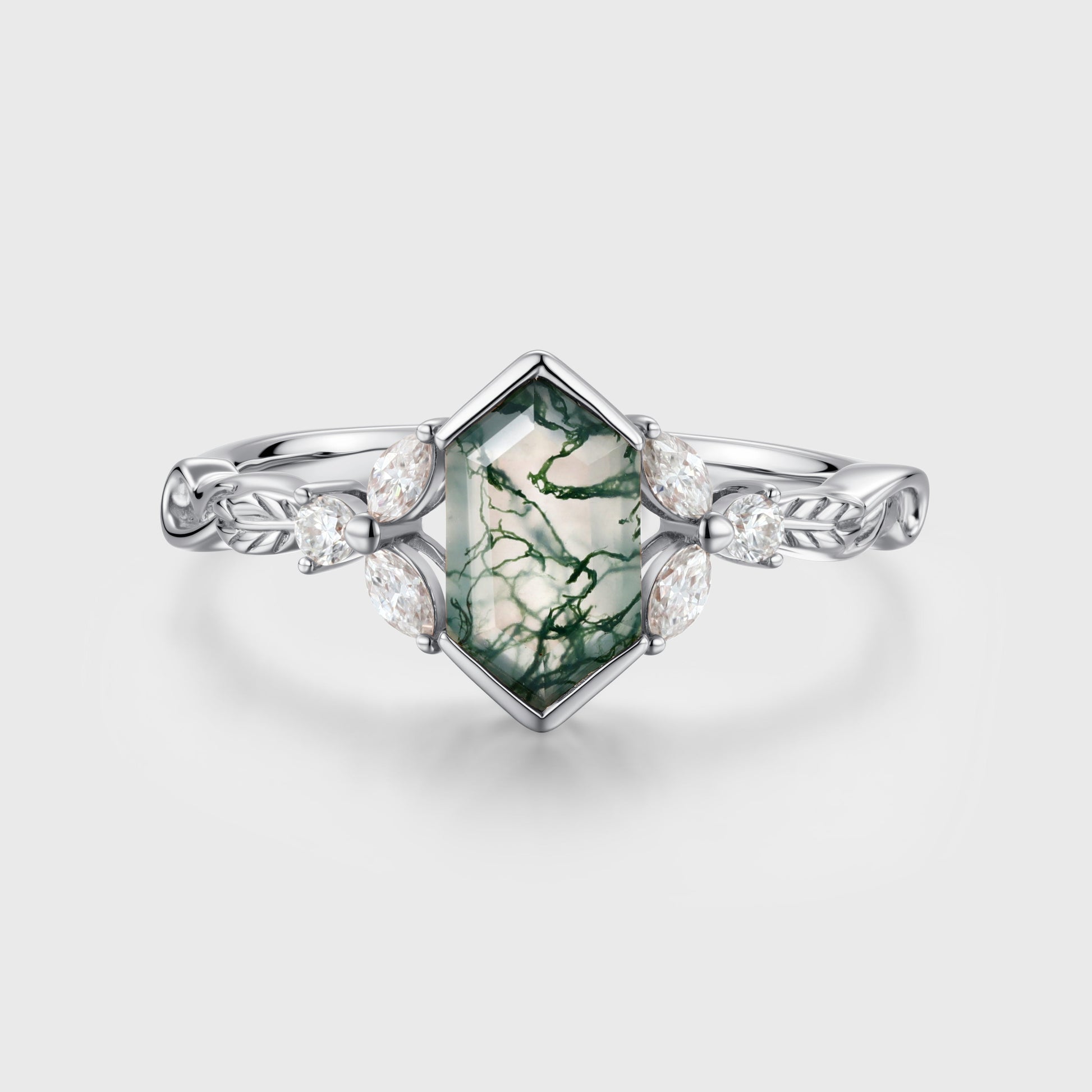 Long Hexagon cut Moss Agate Damonds Leaf Gold Engagement Ring