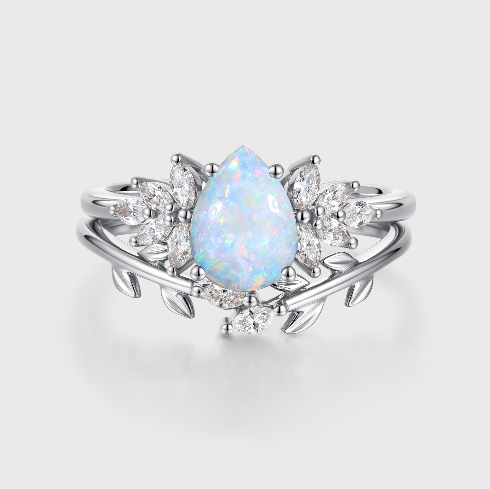 Pear cut Opal Cluster Engagement ring Bridal Set