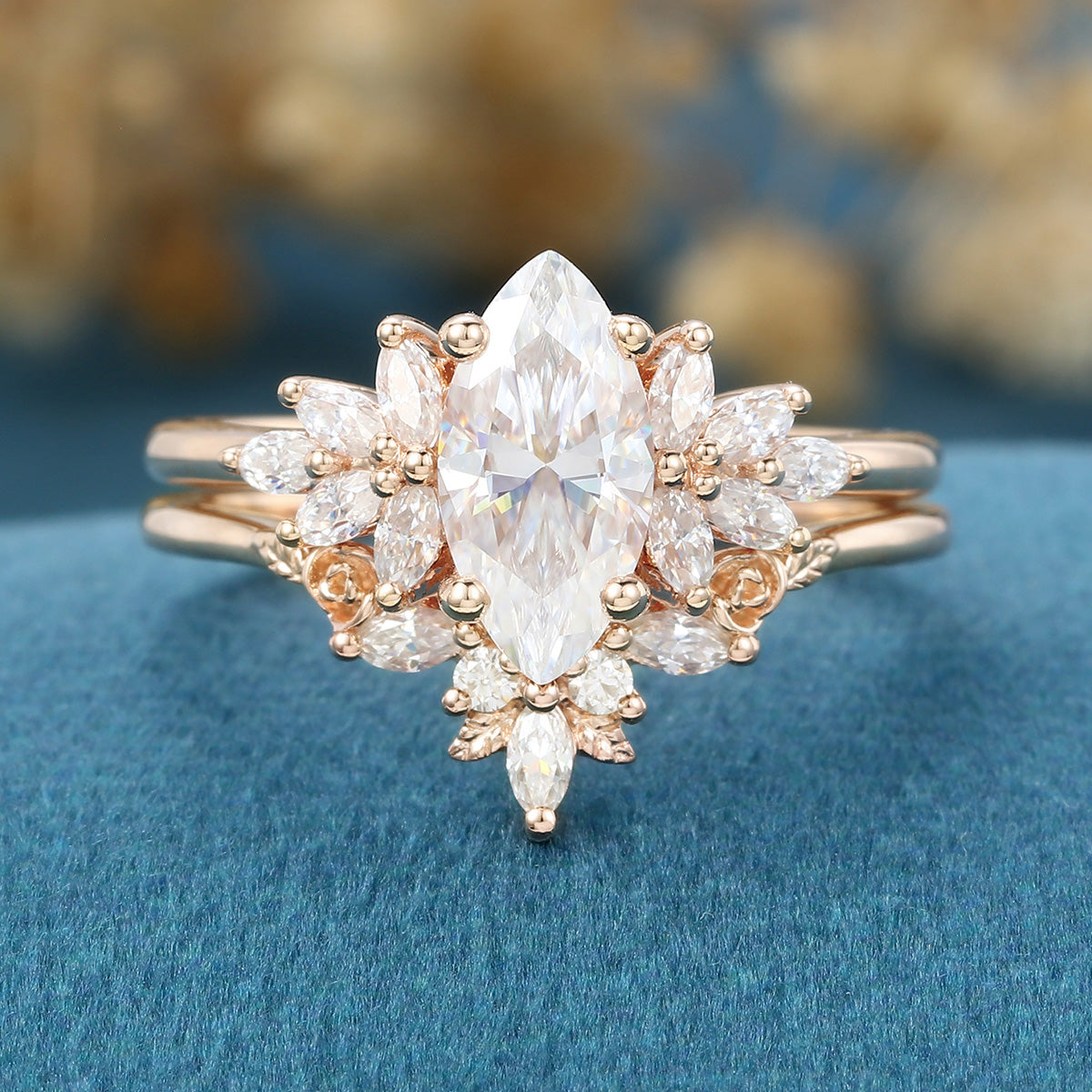 1.0Carat Marquise cut Moissanite Engagement Ring Cluster diamonds Rose Gold Wedding Bridal Set