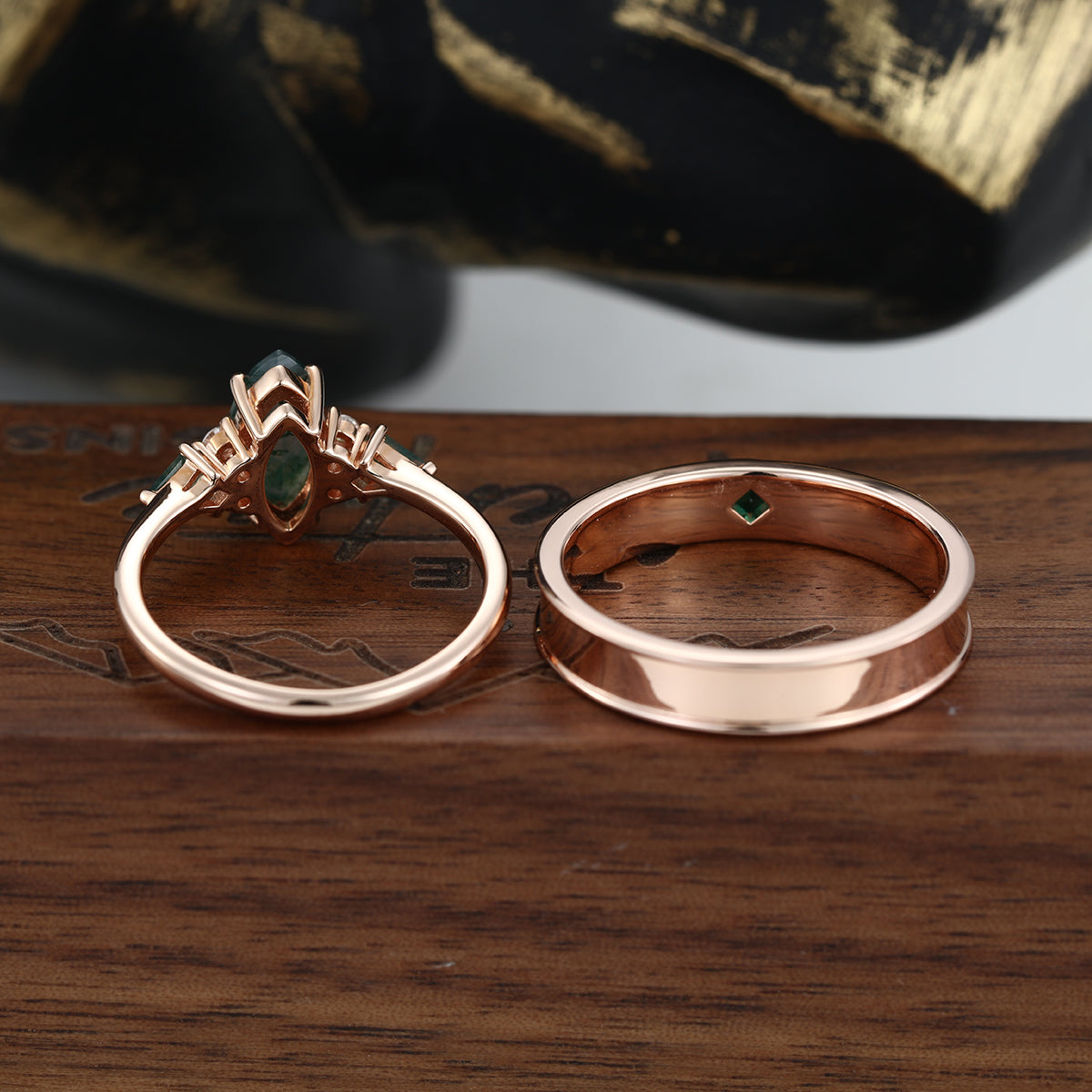 Forever Glow Moss Agate Couple Rings | Rose Gold Leaf Wedding Bridal Set (Copy)