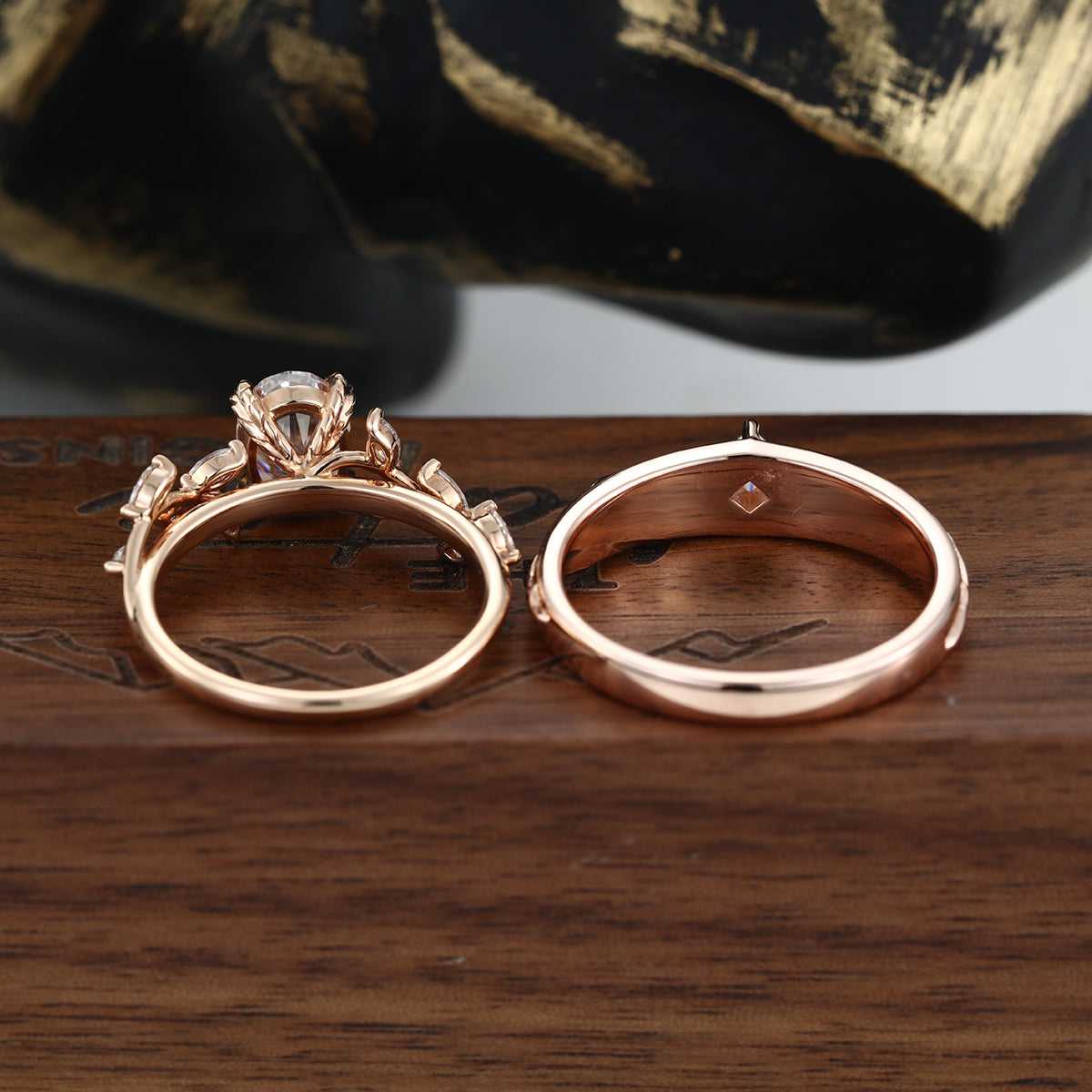 Nature Inspired  Moissanite Couple Rings | D Color VVS1 | Rose Gold Leaf Wedding Bridal Set