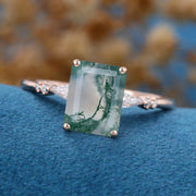 Emerald Cut Natural Green Moss Agate Cluster Engagement Ring 