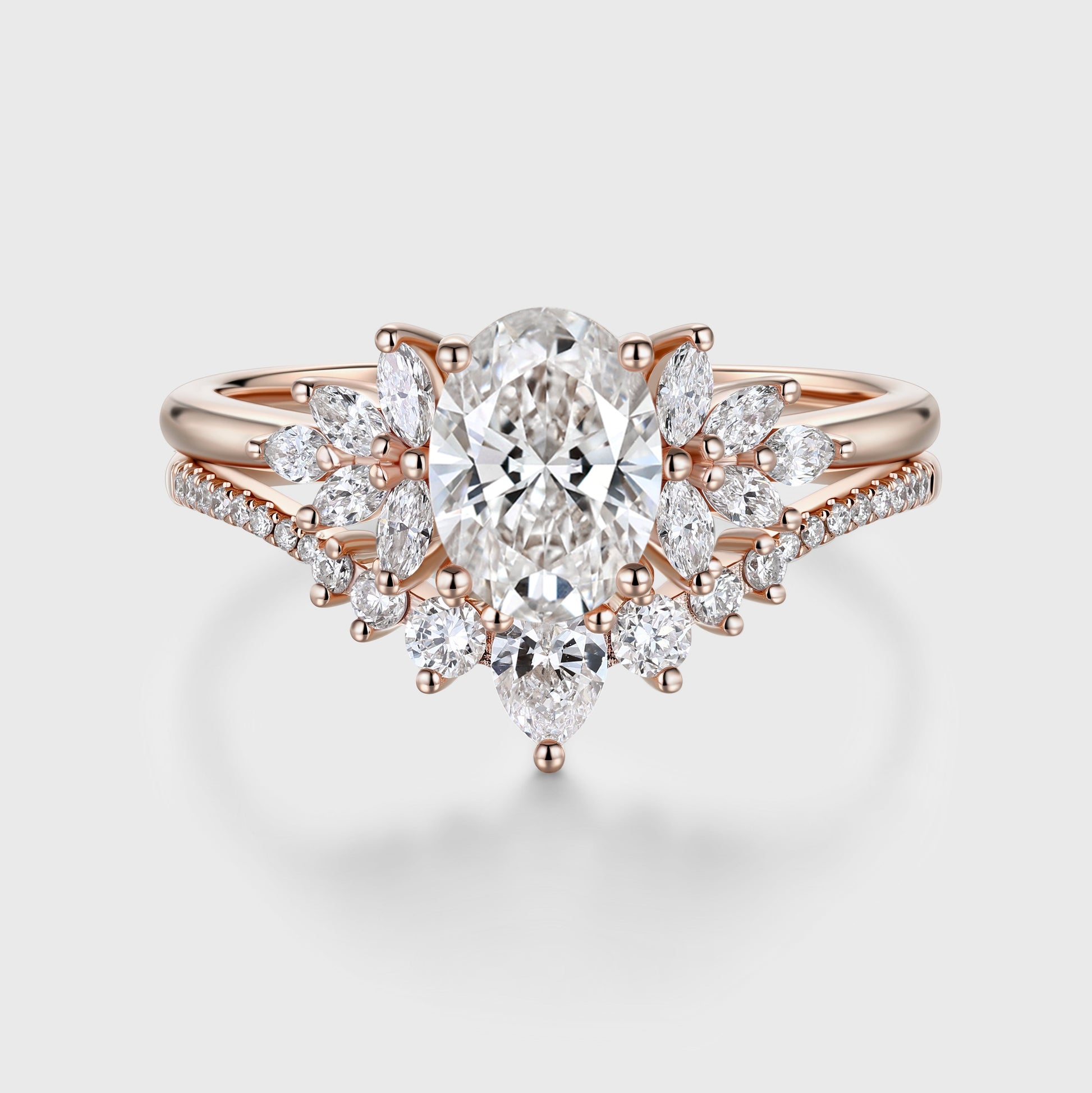 1.0CT~5.0CT Oval cut Lab grown Diamond Cluster Engagement Ring Set