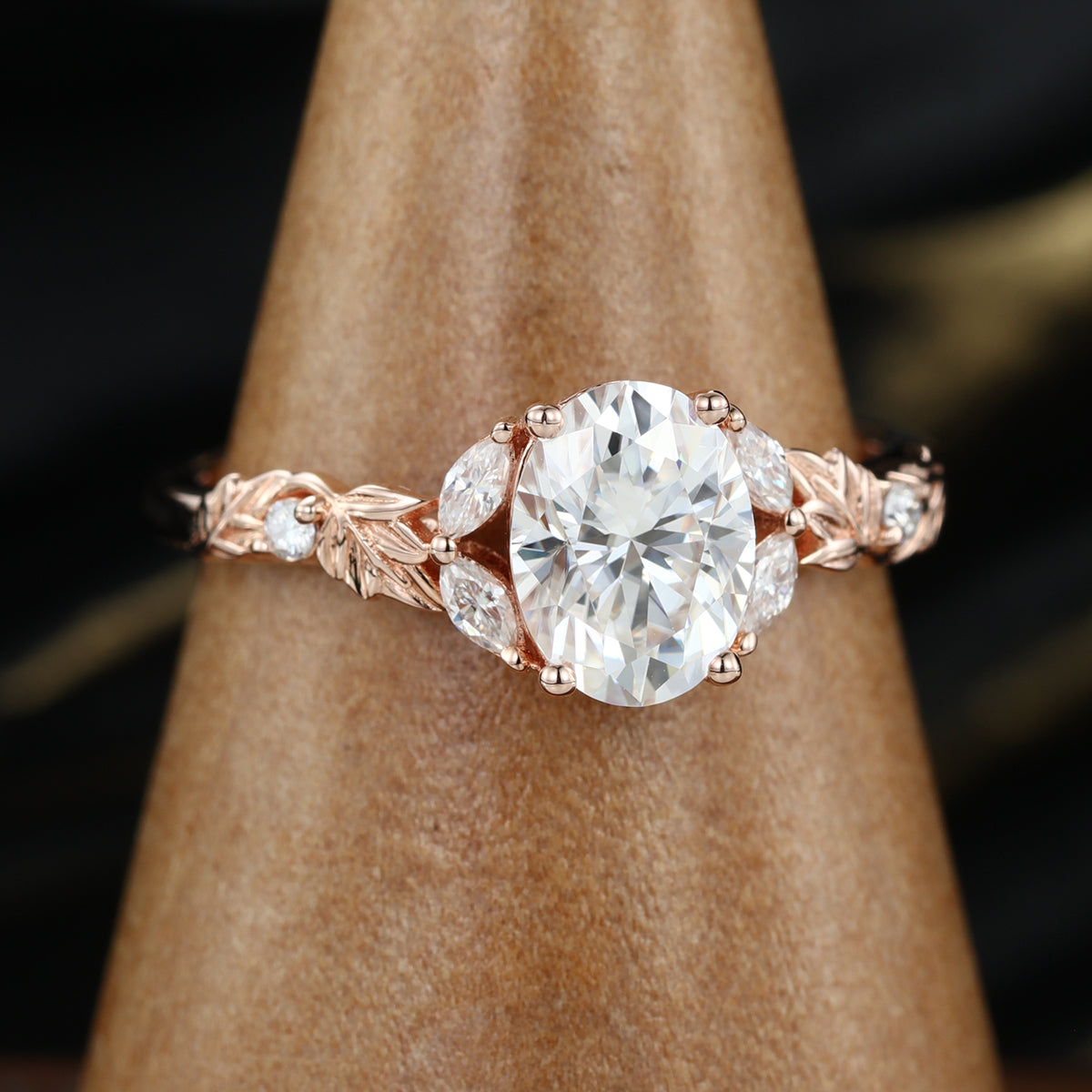 Nature Inspired Oval cut Moissanite Leaf Gold Engagement Ring