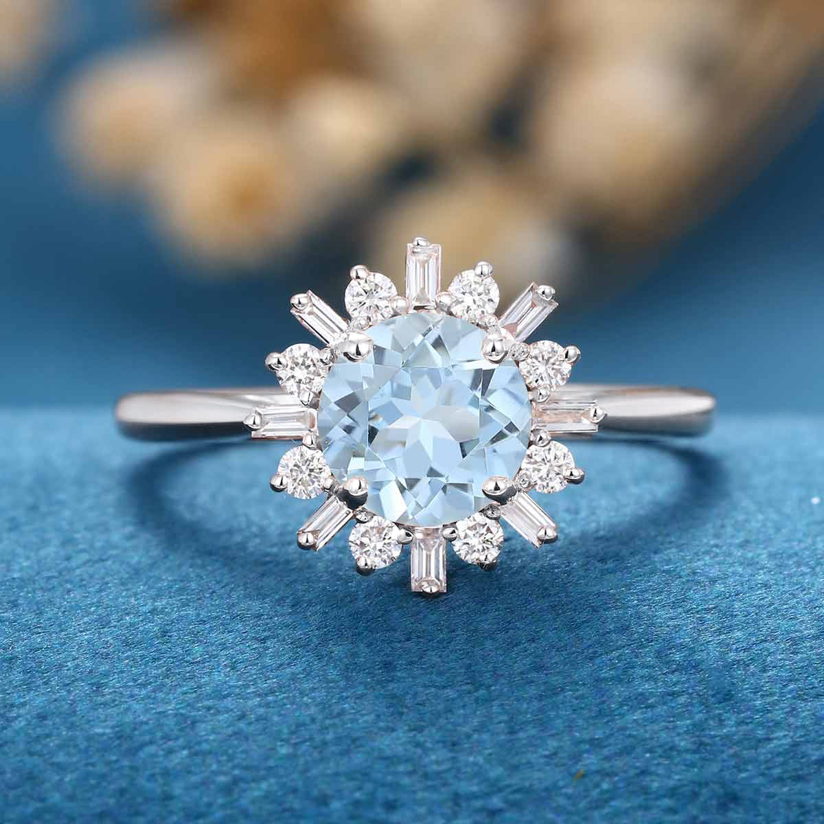 Round cut Aquamarine Halo Engagement Ring