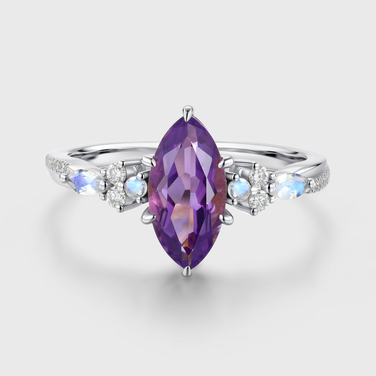 Inspired  Marquise cut Amethyst Matching Diamond | Moonstone Solid Gold Engagement Ring