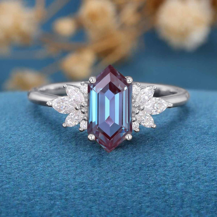 Long Hexagon cut Alexandrite | Diamond Engagement ring