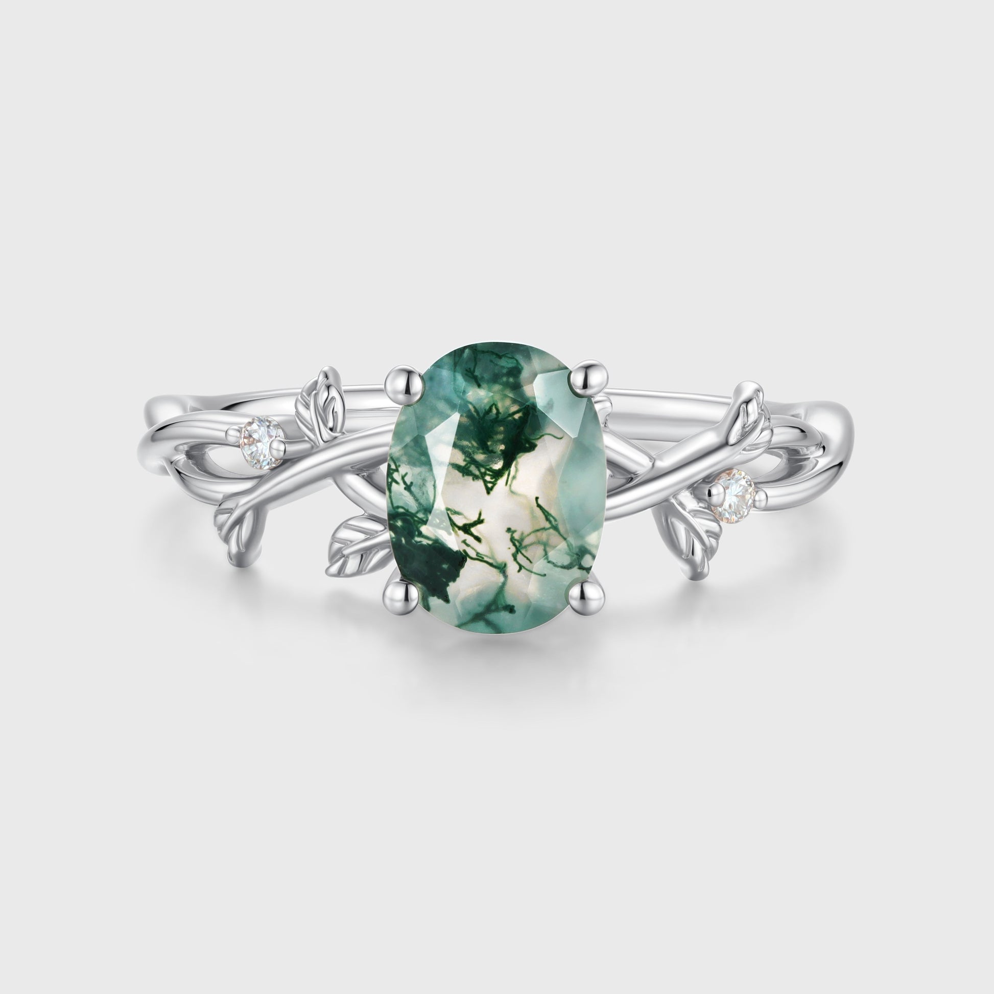 Nature Inspired Oval cut Moss Agate Leaf Gold Engagement Ring