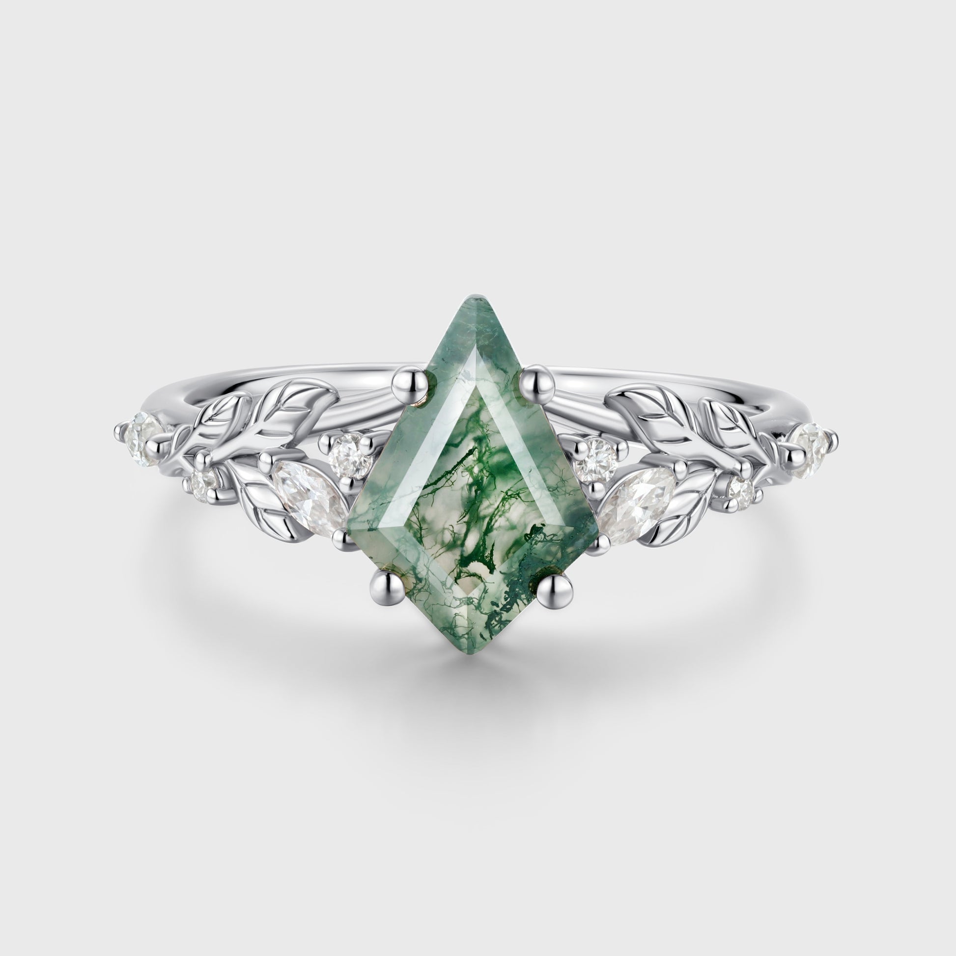 Nature Inspired Kite cut Moss Agate Leaf Gold Engagement Ring